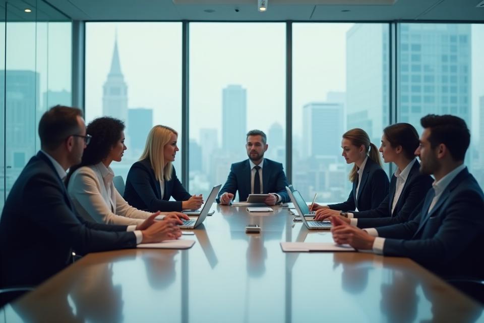 Consultants discussing strategy in a boardroom